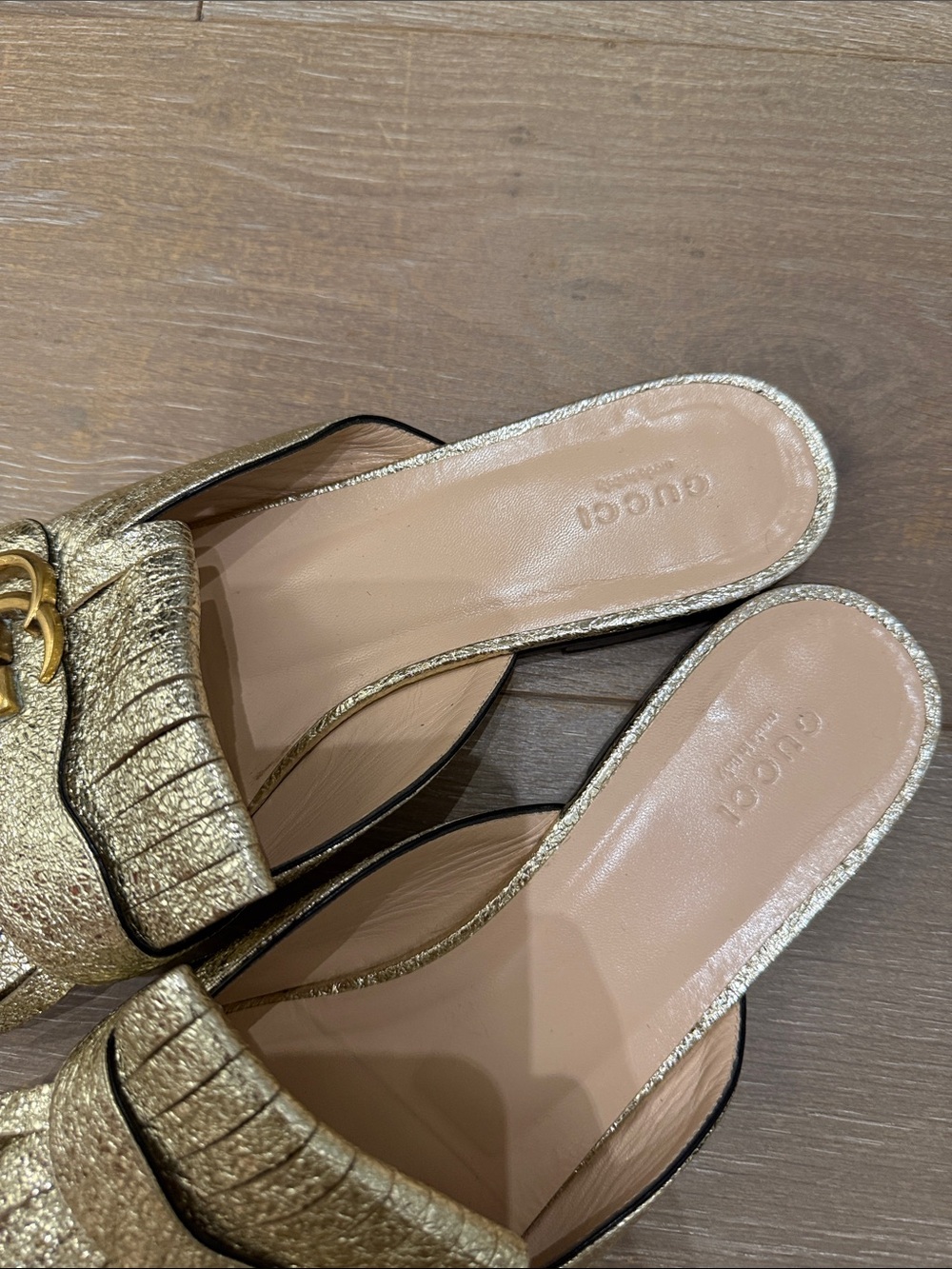 Gold Fringe Leather Slide Mules with Double-G Accent - Picture 3 of 4
